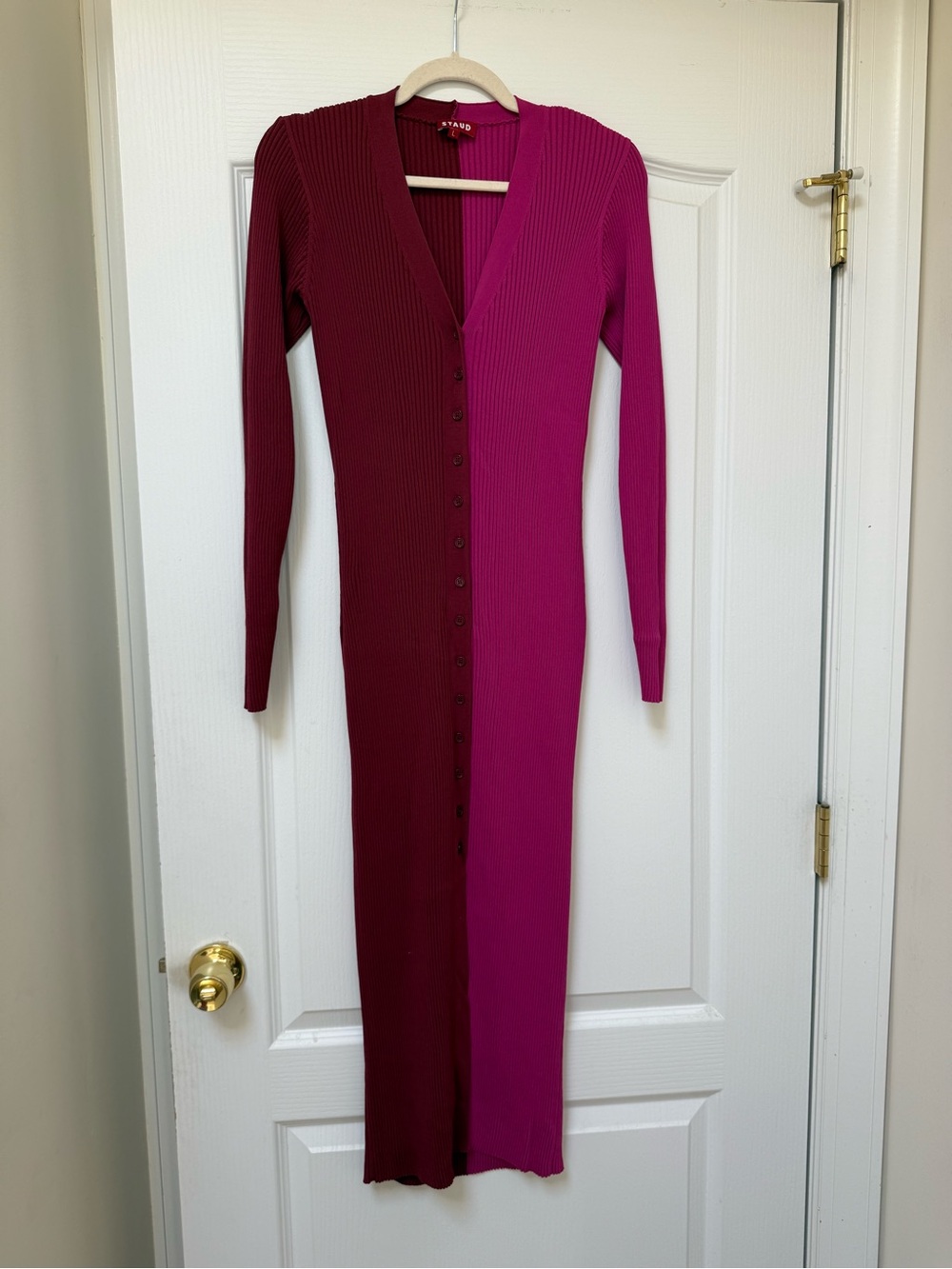STAUD Shoko Colorblock Two-Tone Red and Pink Ribbed Button-Front Midi Dress - Picture 2 of 5